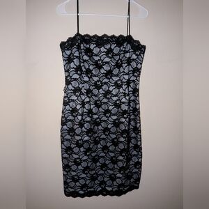 Jones New York Midi Cocktail Dress Blue With Black Lace Overlay Vintage Size 8